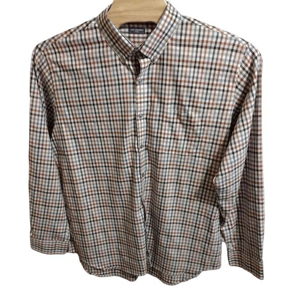 Van Heusen Flex Long‎ Sleeve Brown Plaid Shirt - Picture 2 of 5
